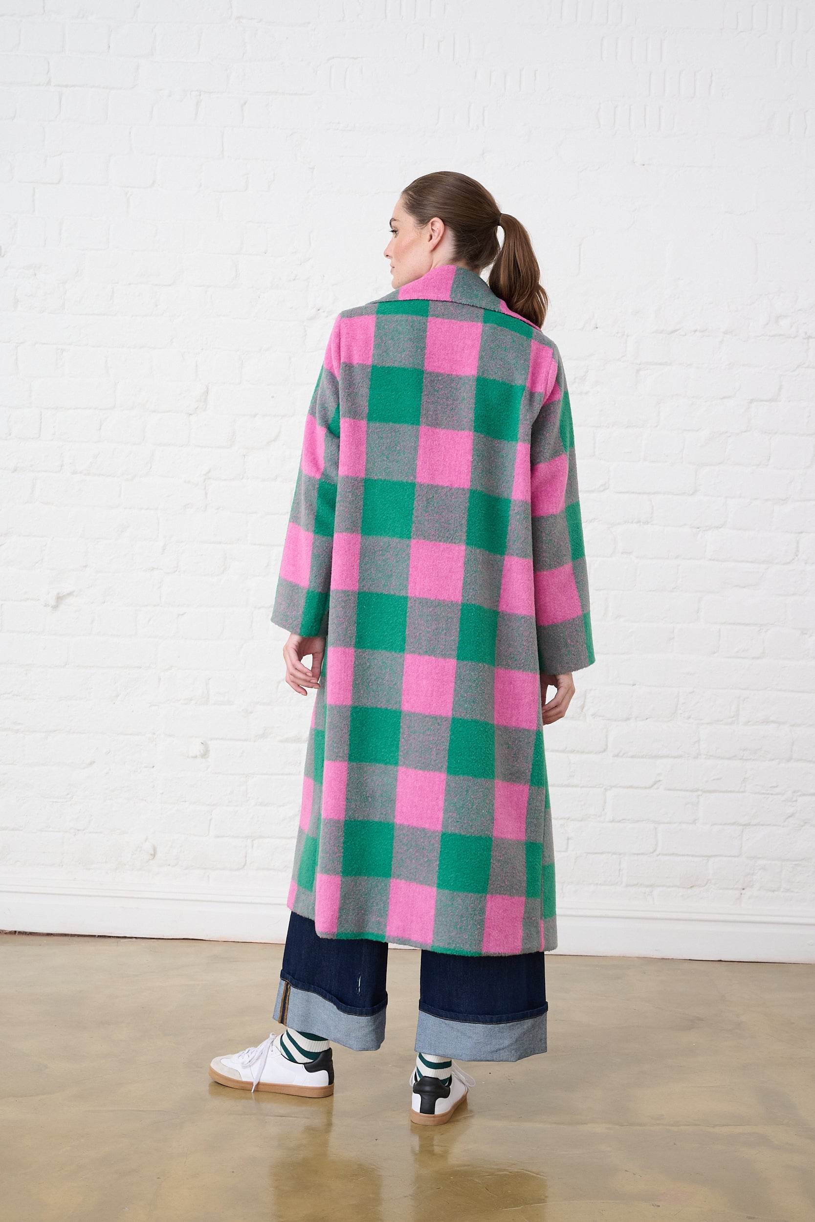 Melton Coat in Pink and Green Check