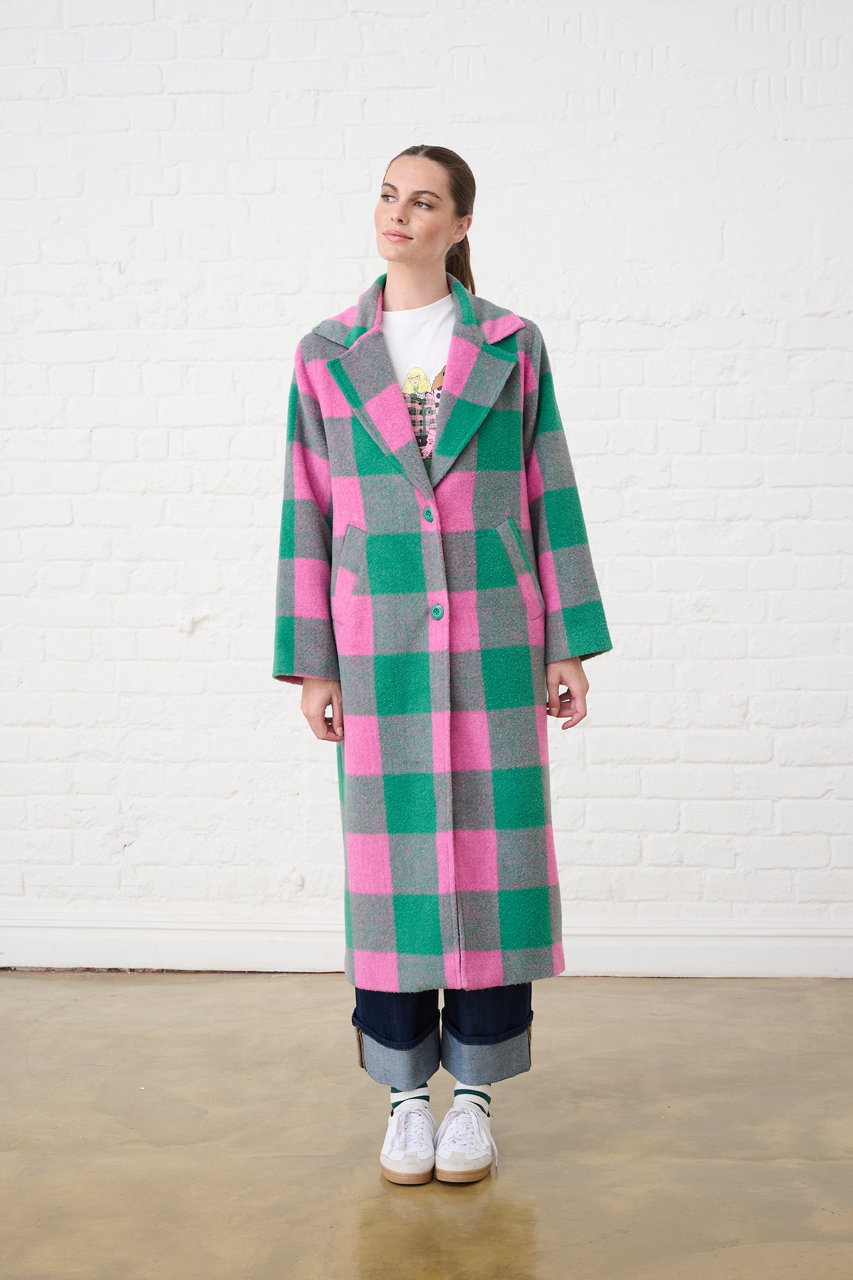 Melton Coat in Pink and Green Check