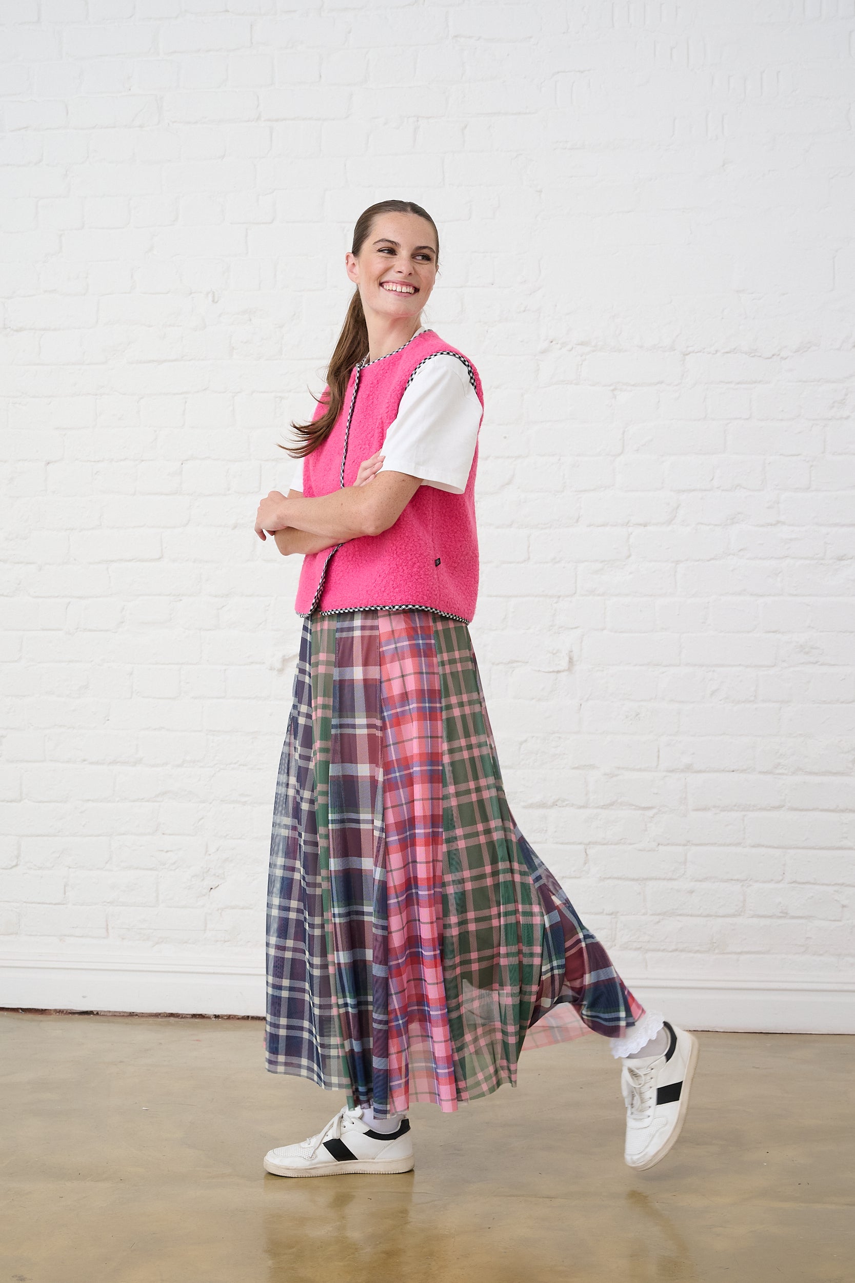 Panelled Mesh Skirt in Multi Check