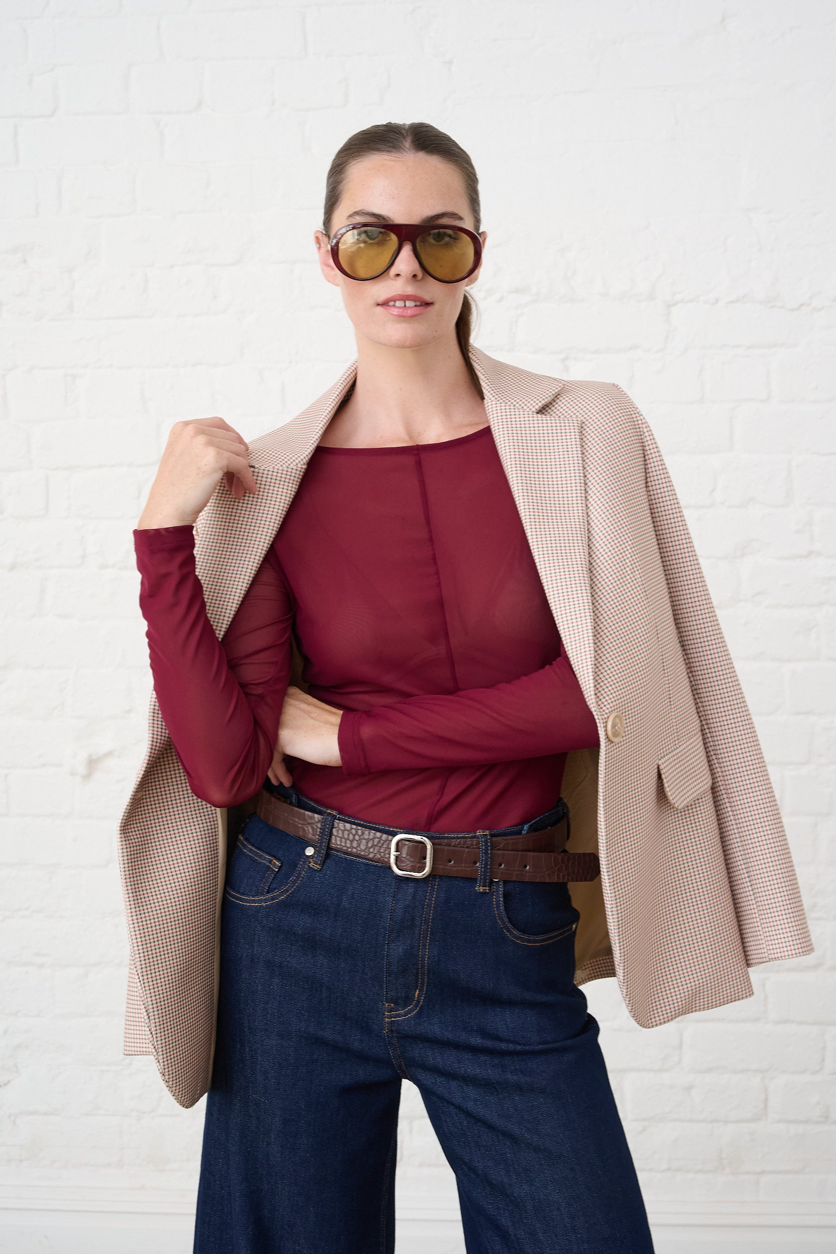 Boat Neck Mesh Top in Burgundy