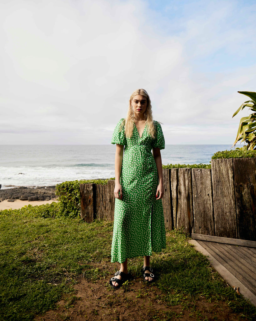 Me&B. Women's clothing. Green floral print maxi dress. Green ditsy empire dress. puff sleeve maxi print dress. Local Cape Town Brand.
