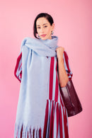 Model is wearing ice blue scarf and a striped burgundy and ice blue dress 