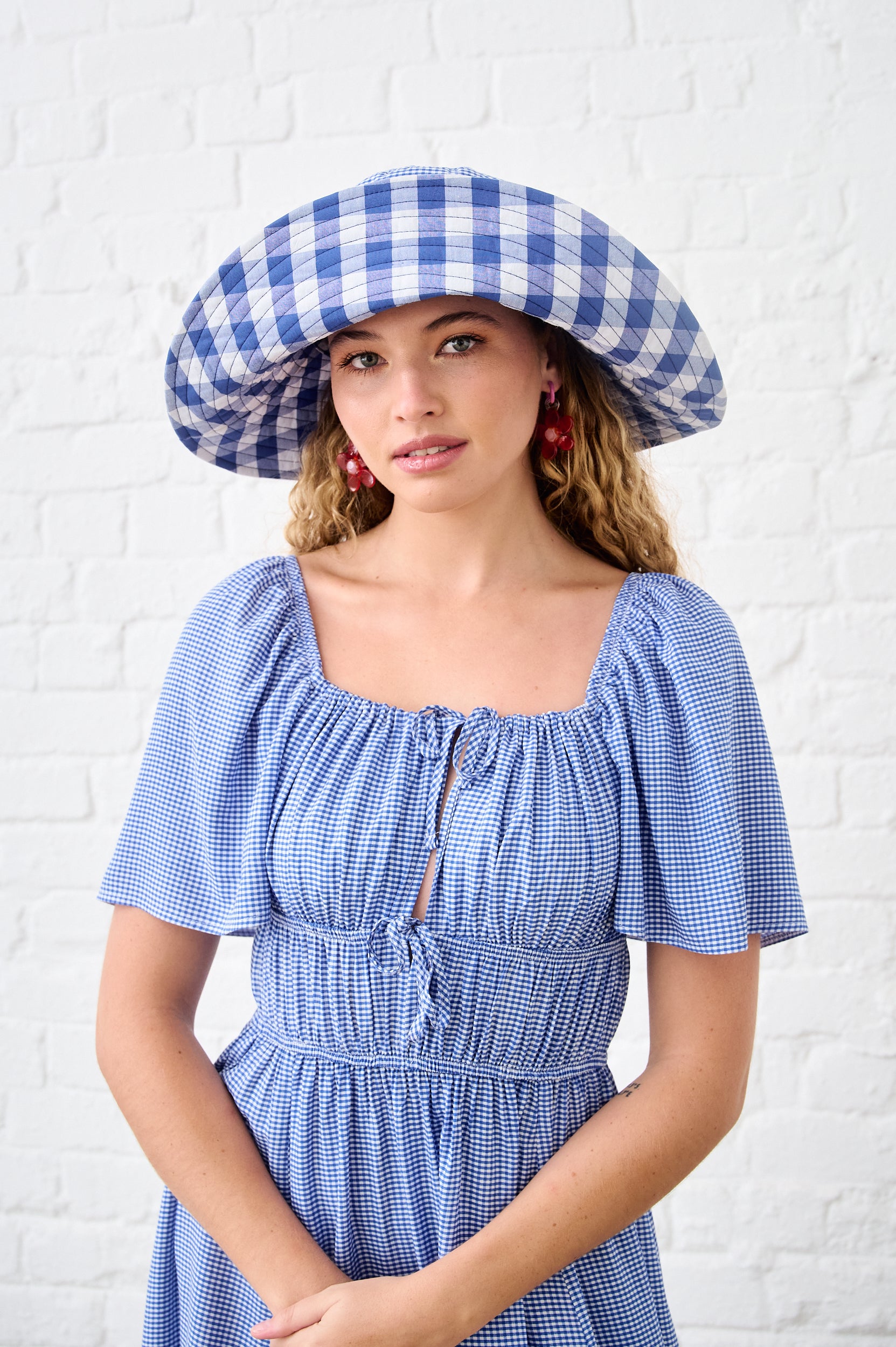 Reversible Bucket Hat in Blue Gingham Combo