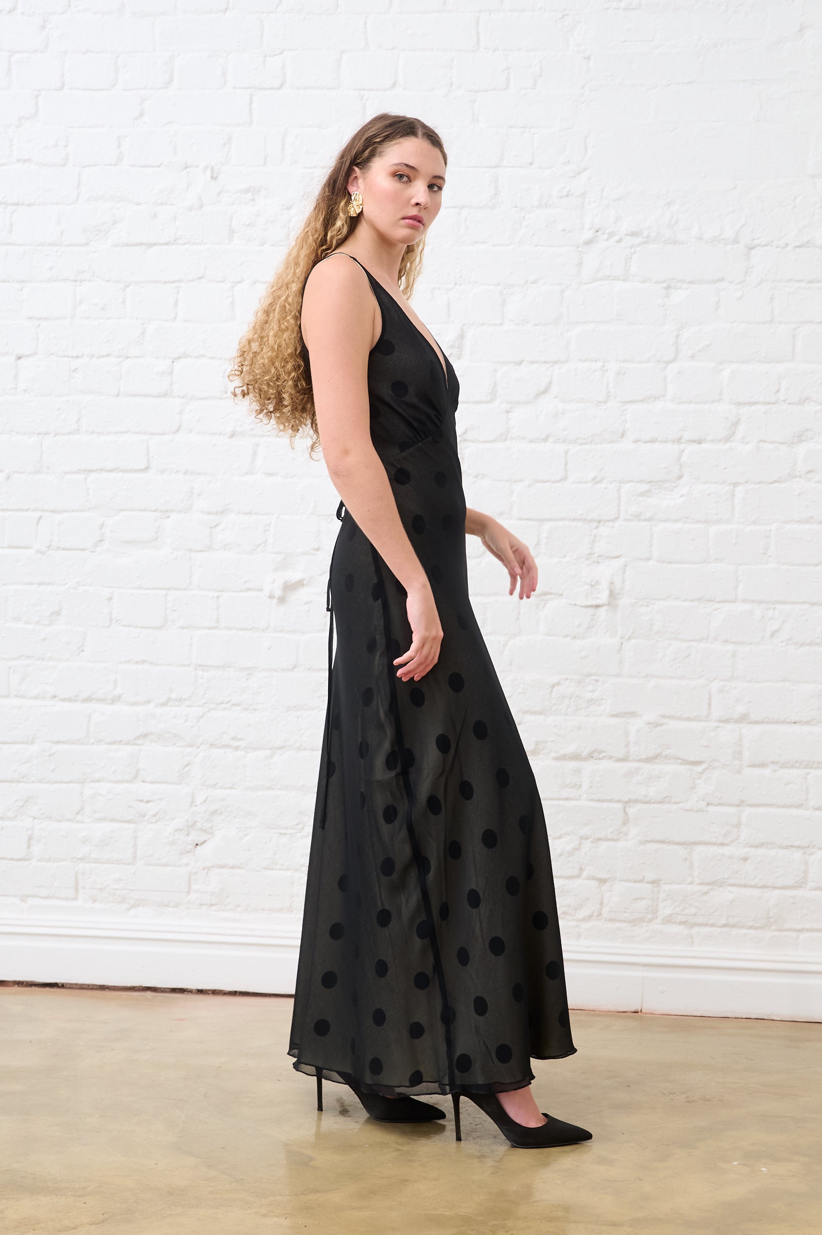 Sheer Overlay Spot Bias Maxi Dress