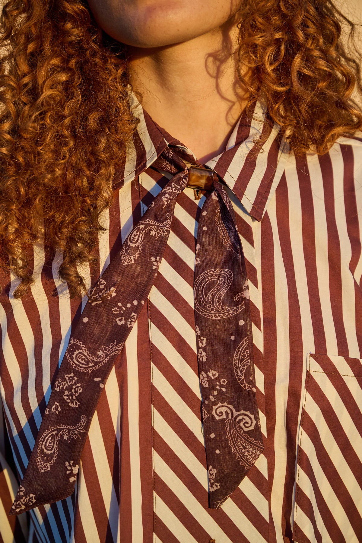 Close-up of chocolate and milk striped shirt with paisley necktie