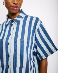 Short Sleeve Denim Knit Stripe Shirt