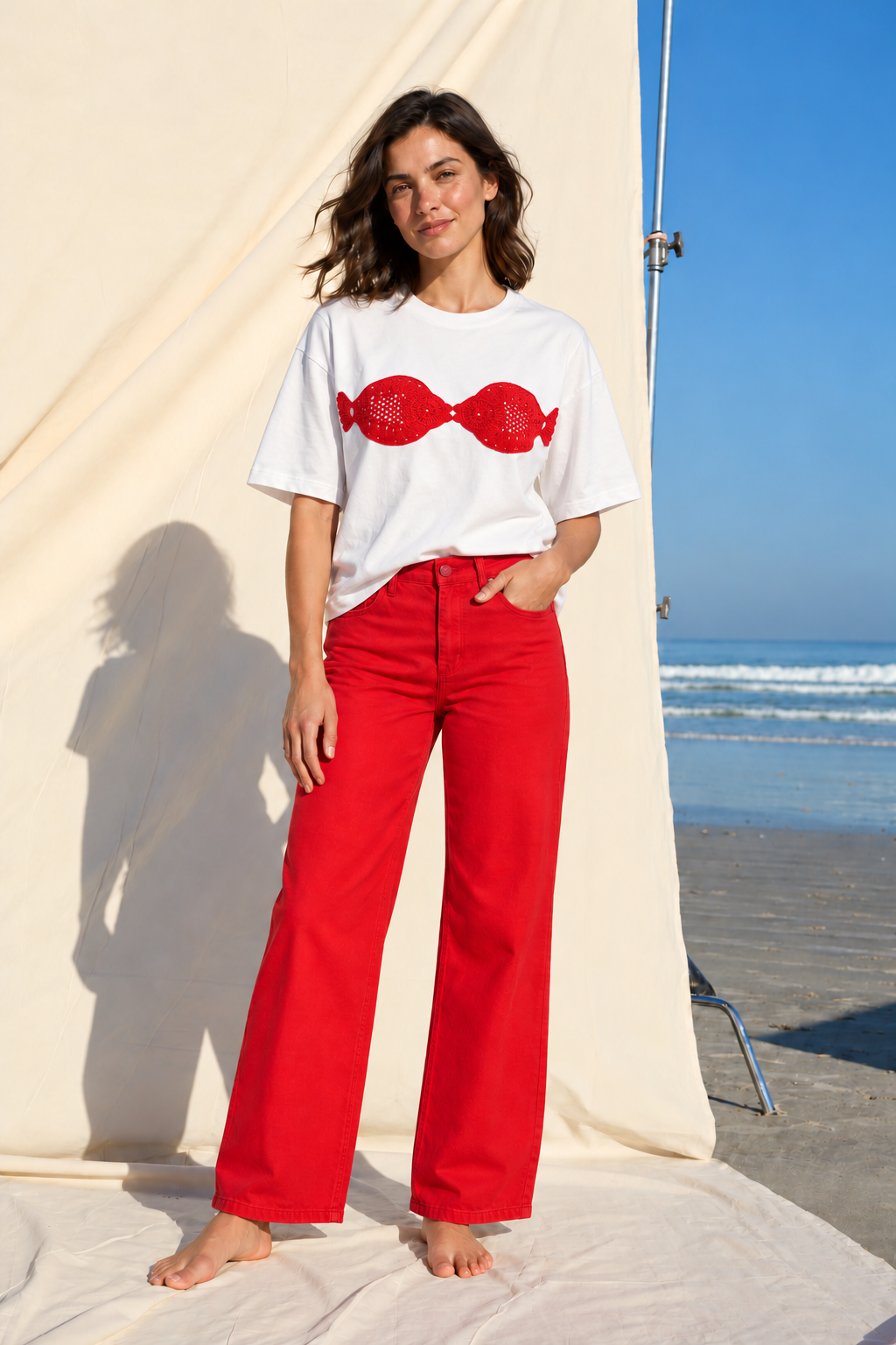 White oversized  T-shirt with two red crotched fish