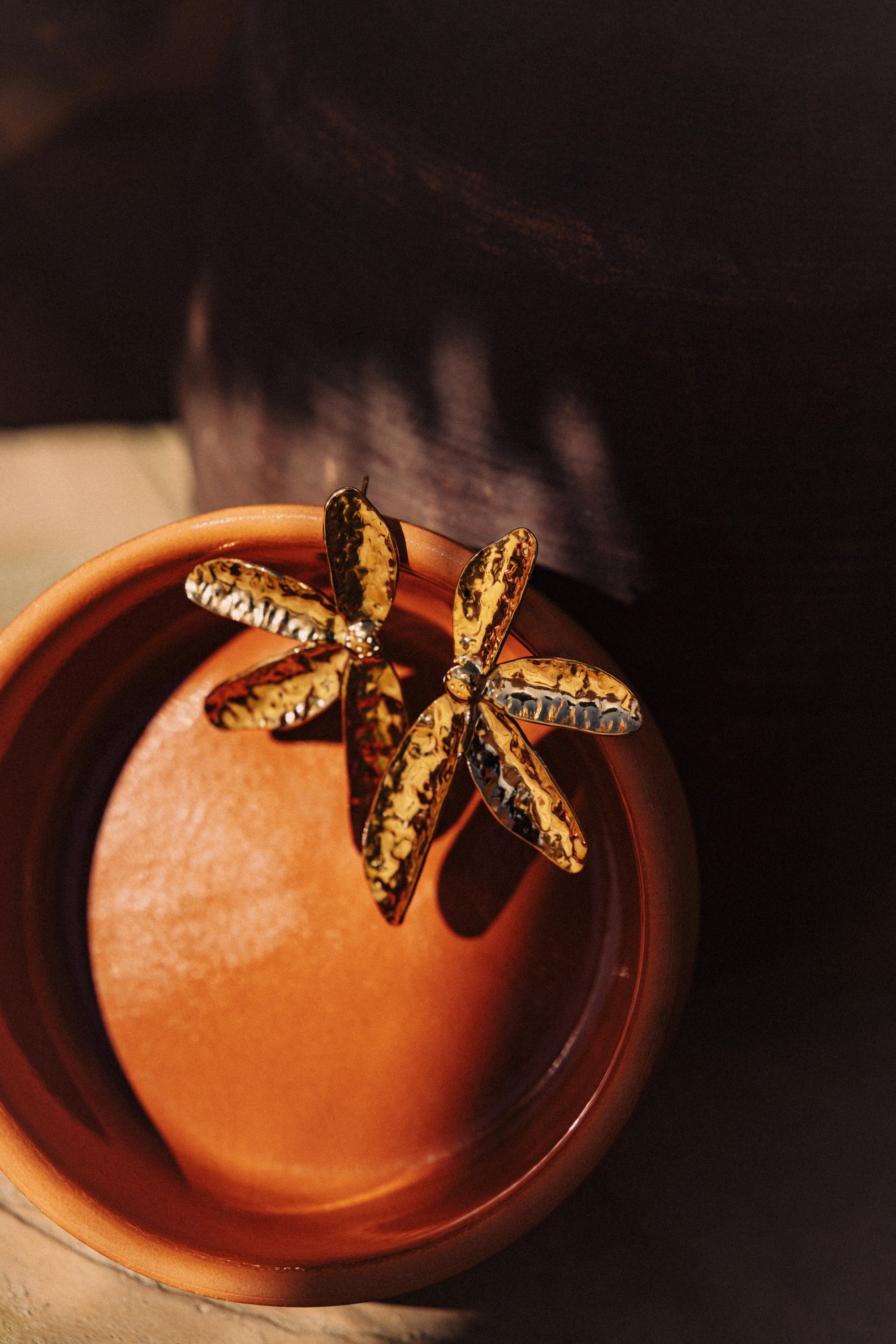 Gold Hammered Flower Stud Earrings