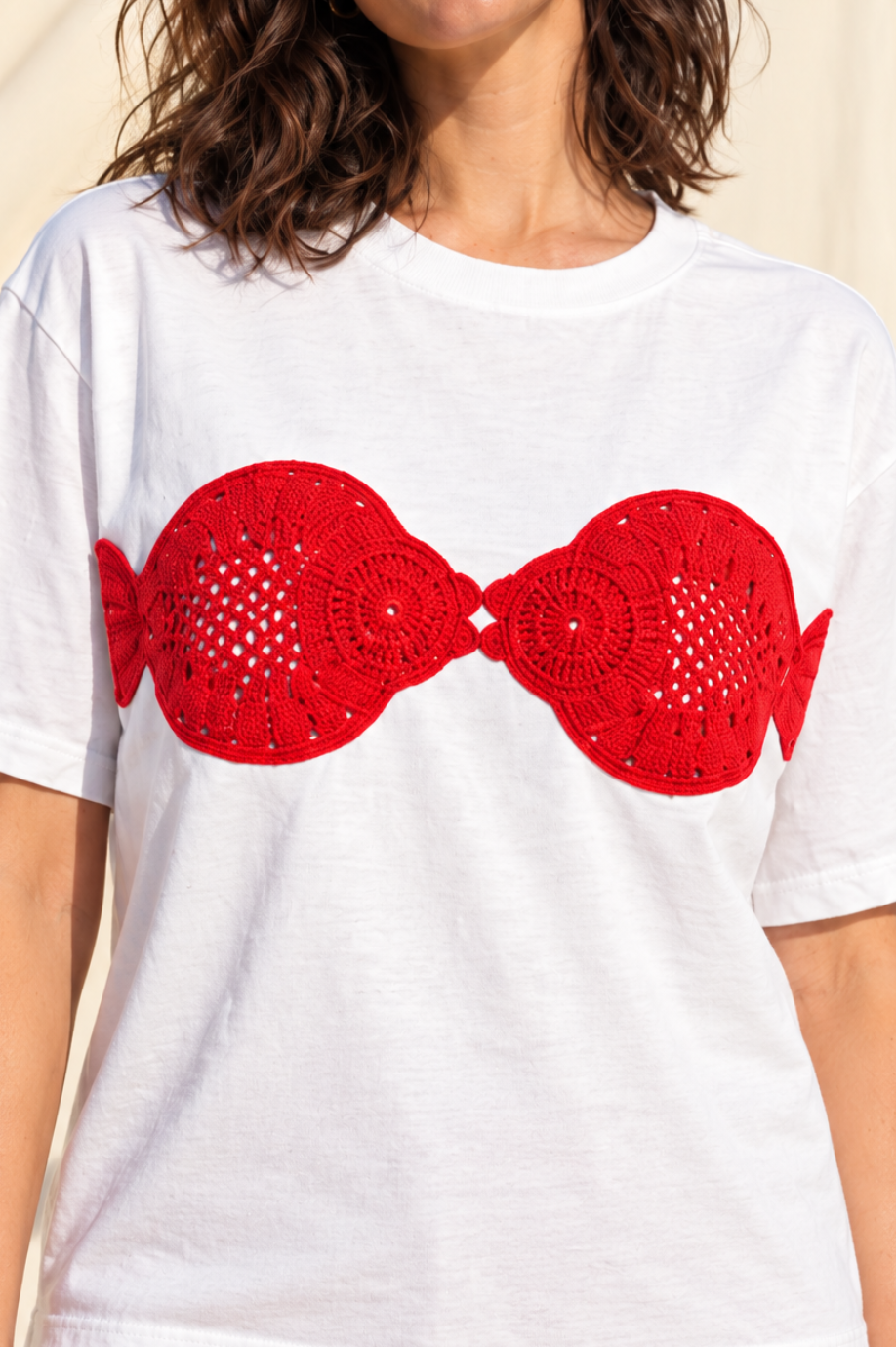 White oversized  T-shirt with two red crotched fish