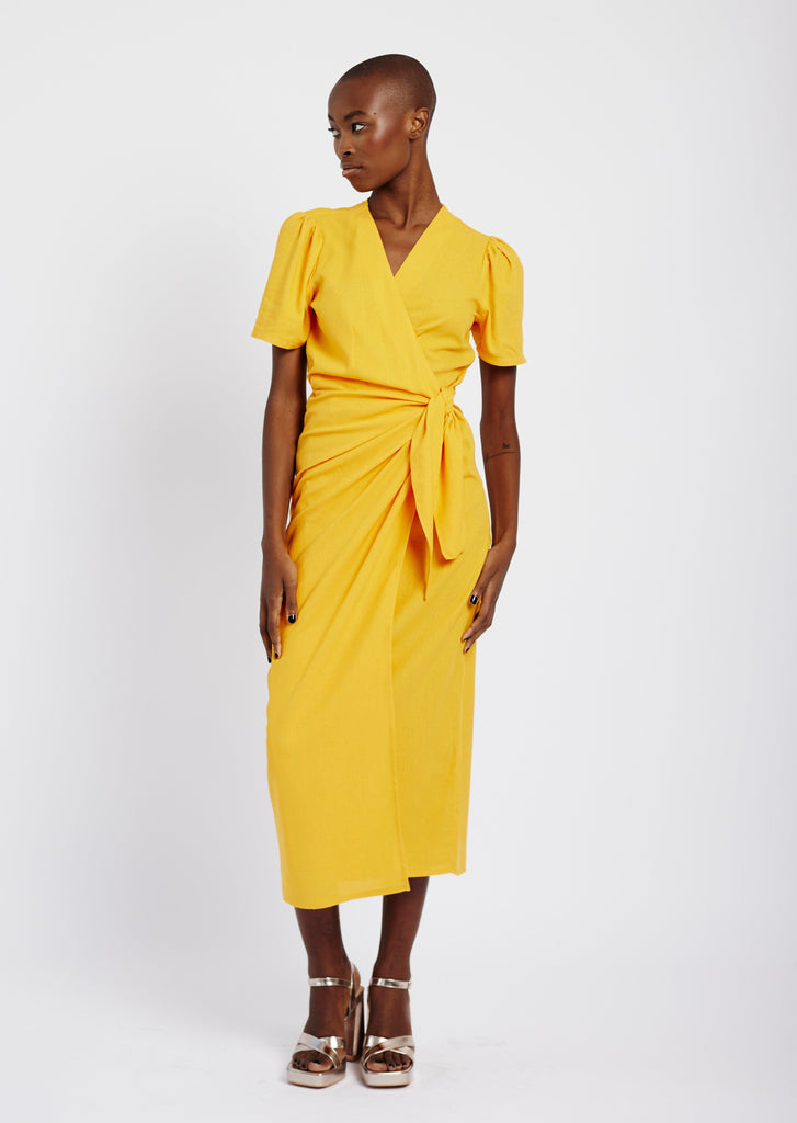 Me&B. Women's clothing. Dress. Wrap dress. Mango wrap dress. Yellow wrap dress. Maxi wrap dress.