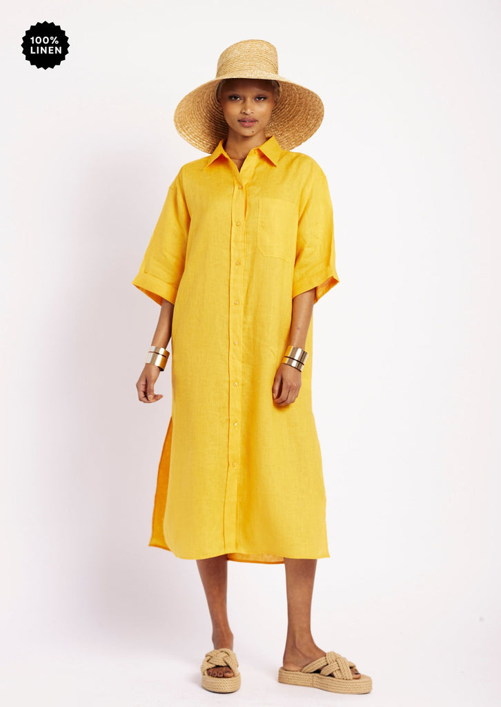 Me&B. Women's clothing. Dresses. Mango Linen shirt dress. Oversized linen shirt dress. Linen beach coverup. Yellow linen dress. Proudly South African Brand. 