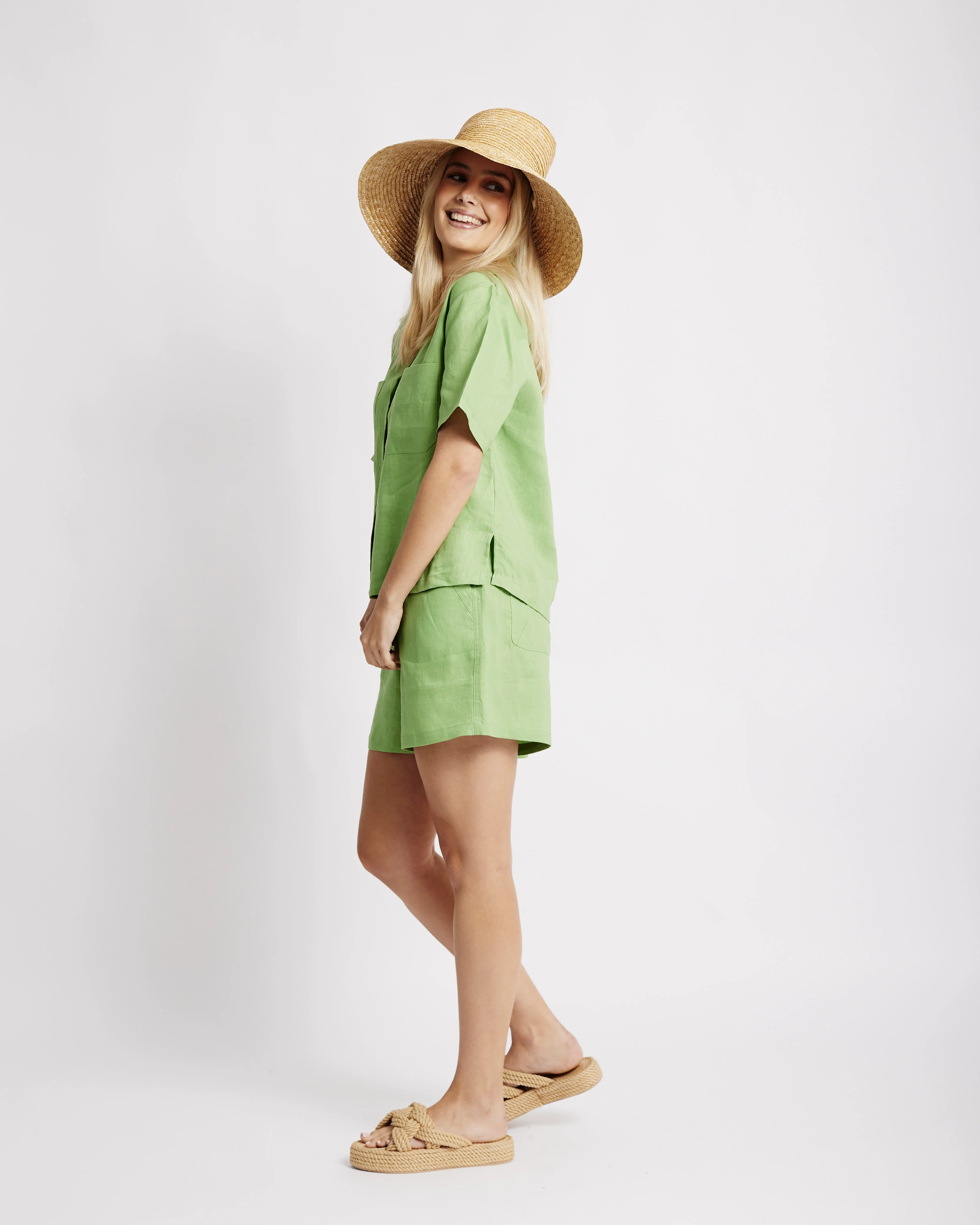 Revere Collar Linen Shirt in Avocado - Me&B