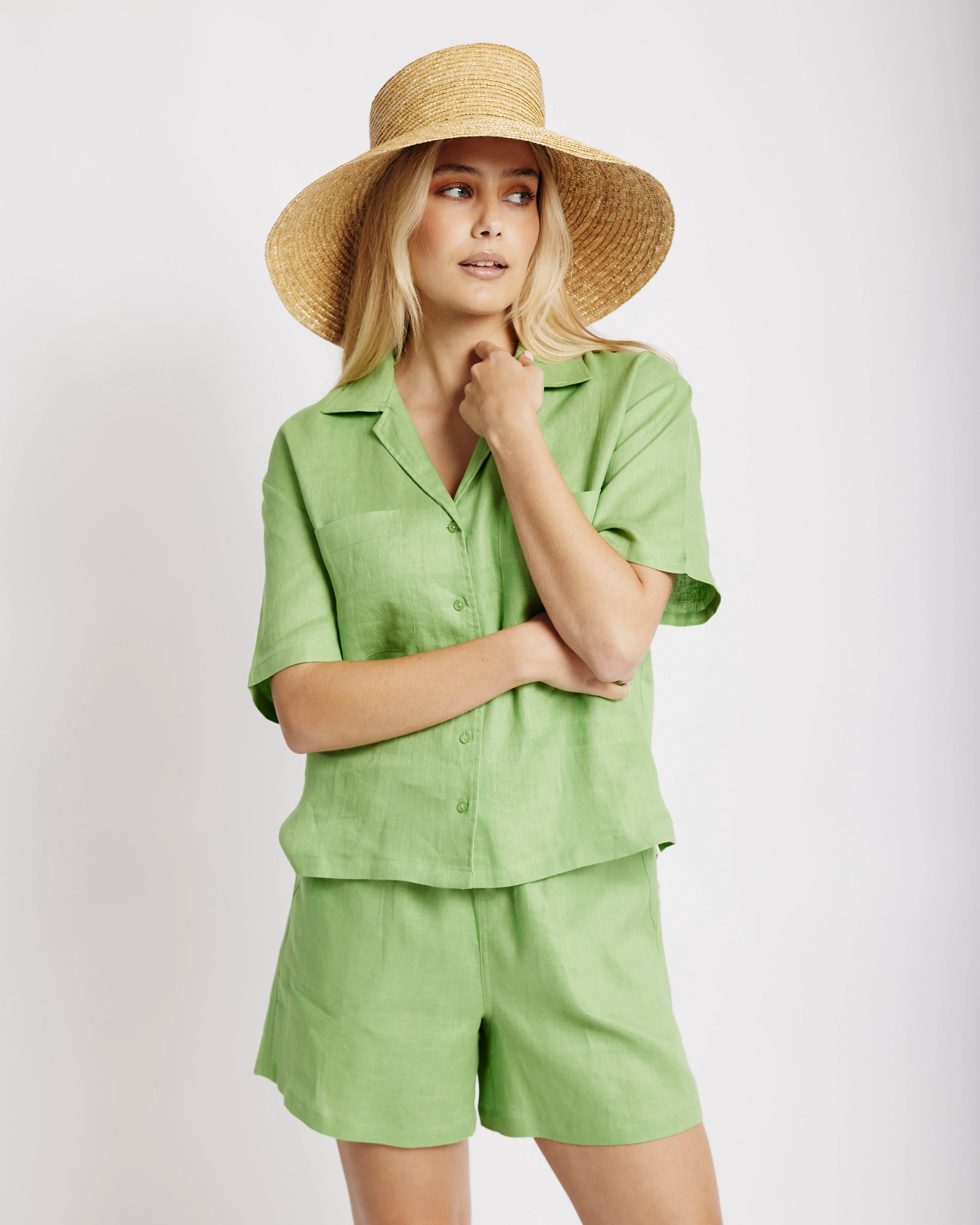 Revere Collar Linen Shirt in Avocado - Me&B