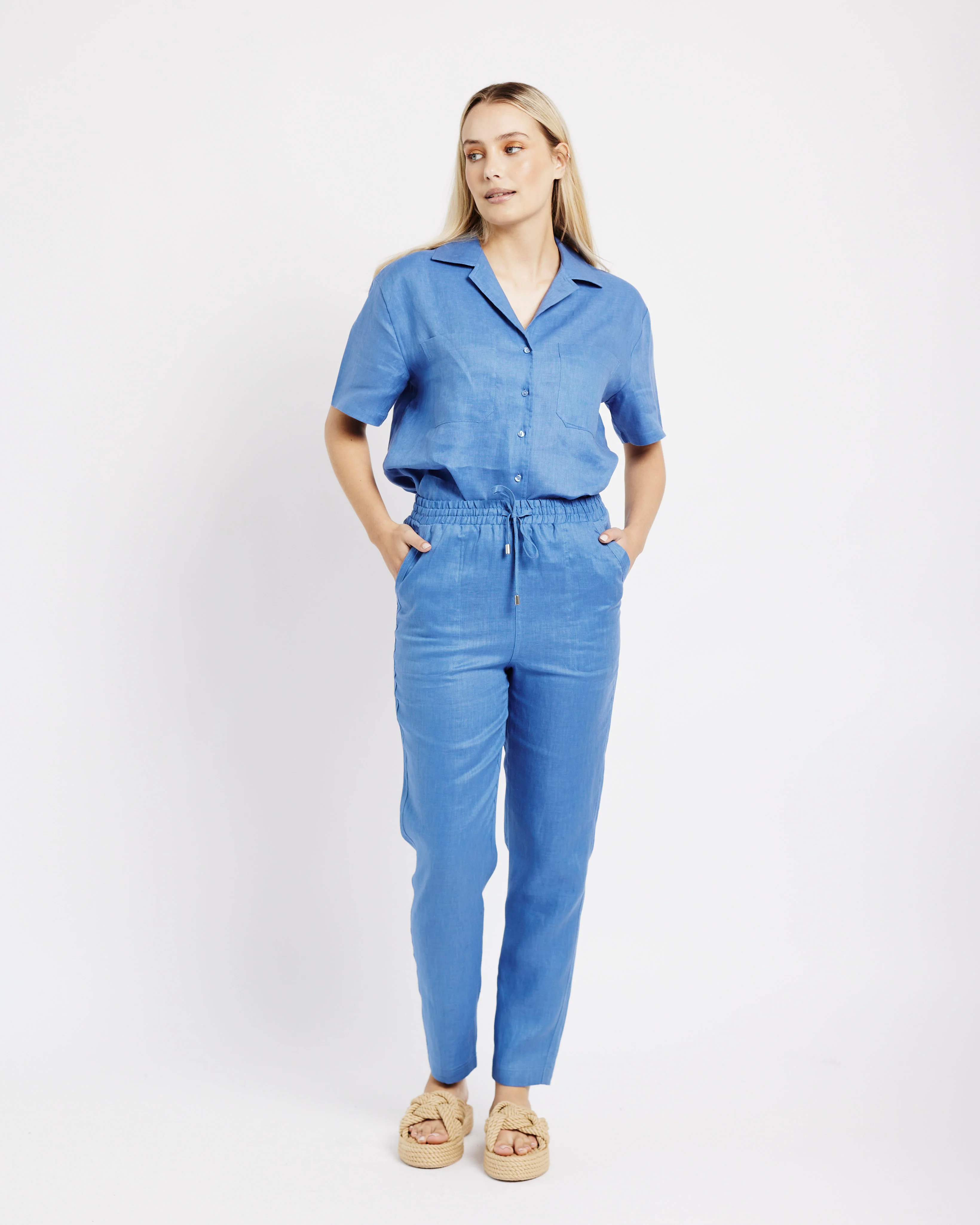 Revere Collar Linen Shirt in Blue - Me&B