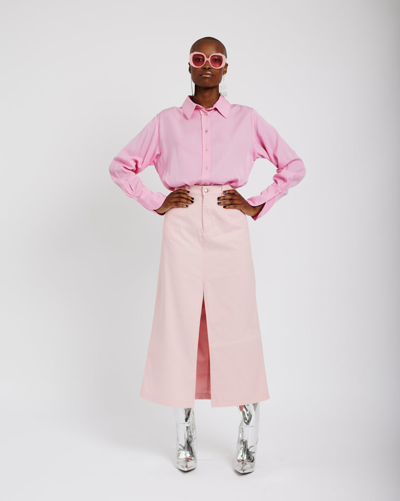 Me&B. Skirt. Women. Pink maxi skirt. Maxi skirt. Denim maxi skirt. Pink denim maxi skirt. Skirt with slit. Local clothing brand