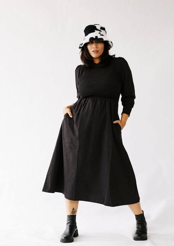 High Neck Shirred Dress in Black - Me&B