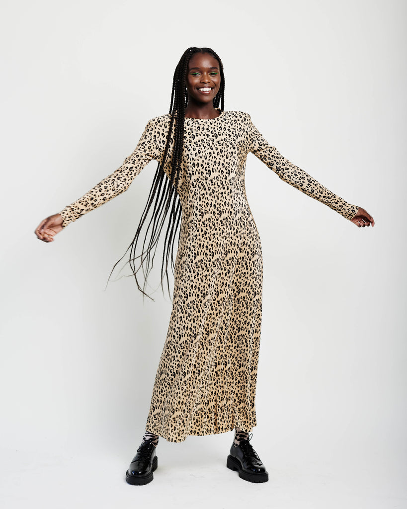 Me&B. Dress. Women. Animal print maxi length dress. Leopard print long sleeve dress. Long sleeve dress. Locally made. Johannesburg.