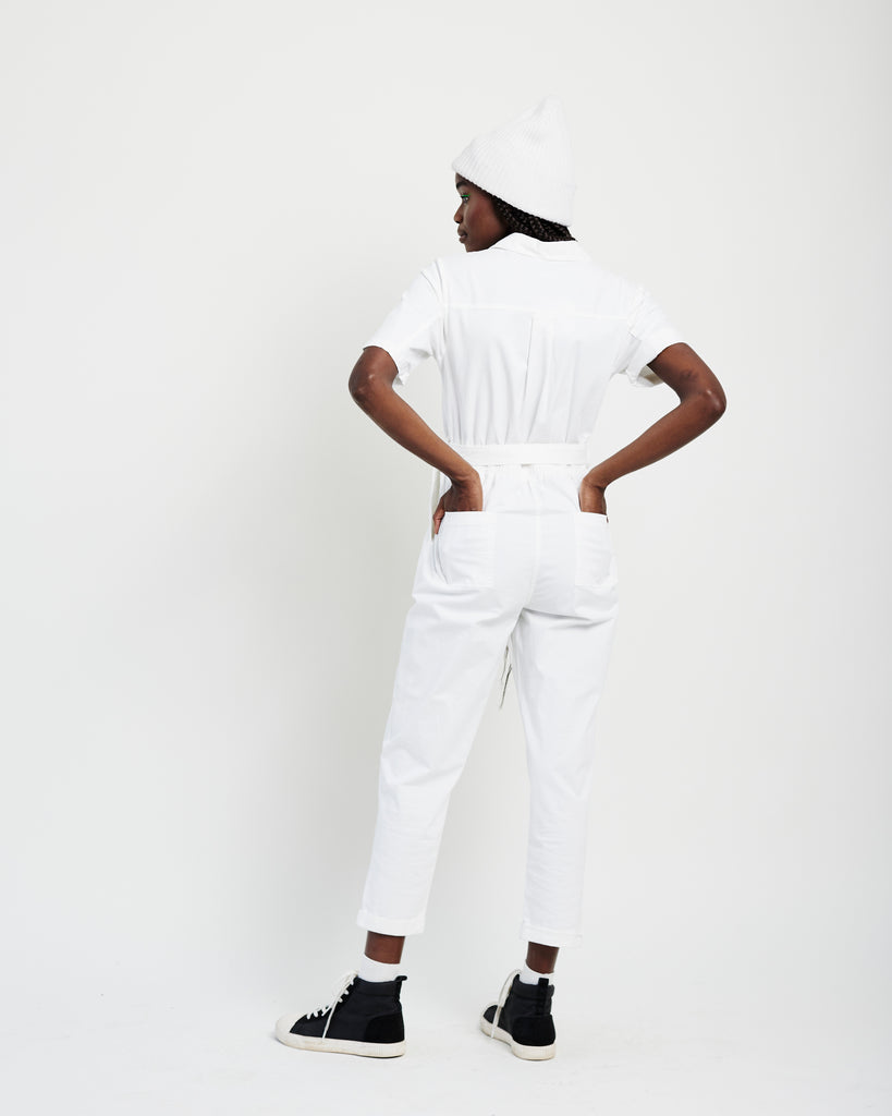 Me & B. Jumpsuit. Pantsuit. White denim jumpsuit. White boiler suit. Dungarees. Local Brands. Cape Town
