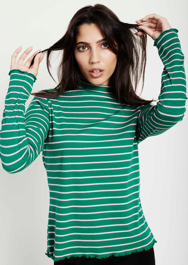 Me and B. Shirts. Women. Long sleeve shirt. Long sleeve striped shirt. Green and pink stripped shirt. Ribbed knitwear shirt. Local brand Cape Town. 