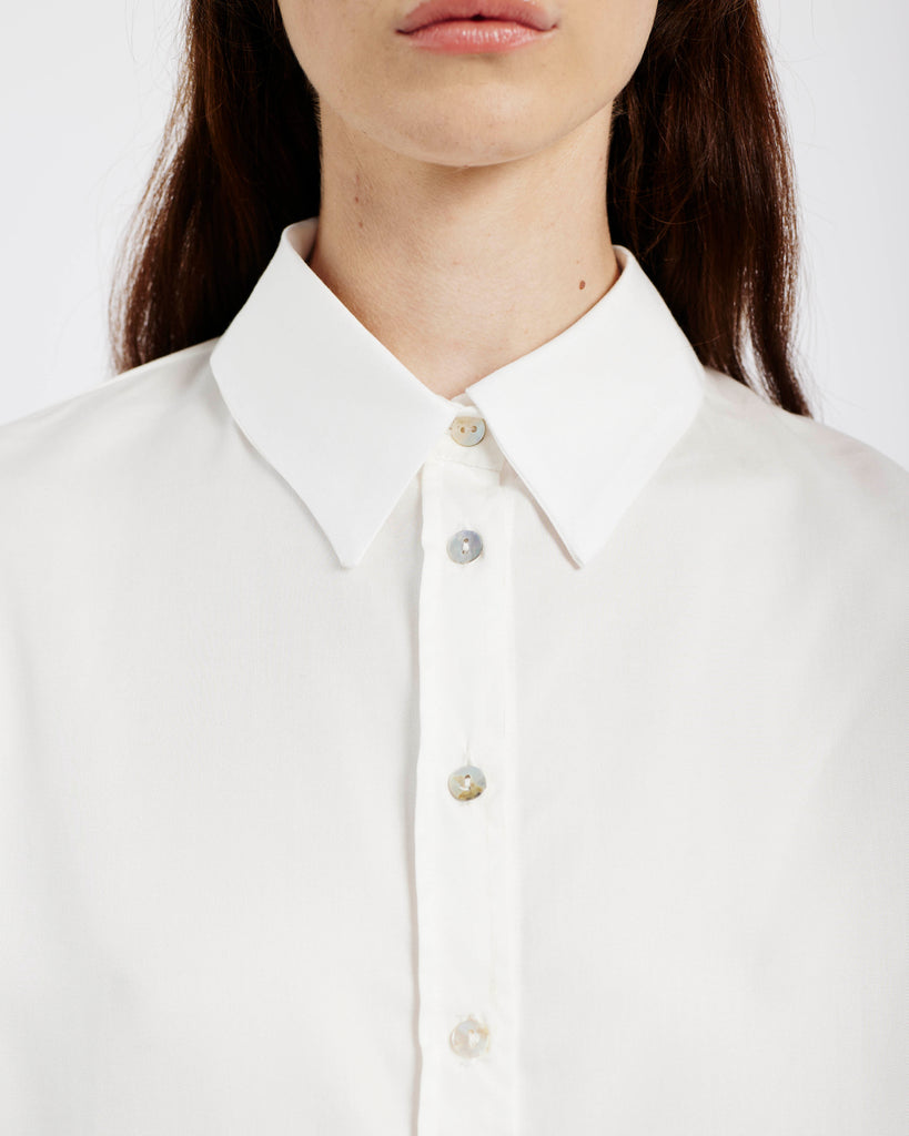 Me&B. Women's clothing. White tencel shirt. White button up. White button up long sleeve. Locally made in South Africa.