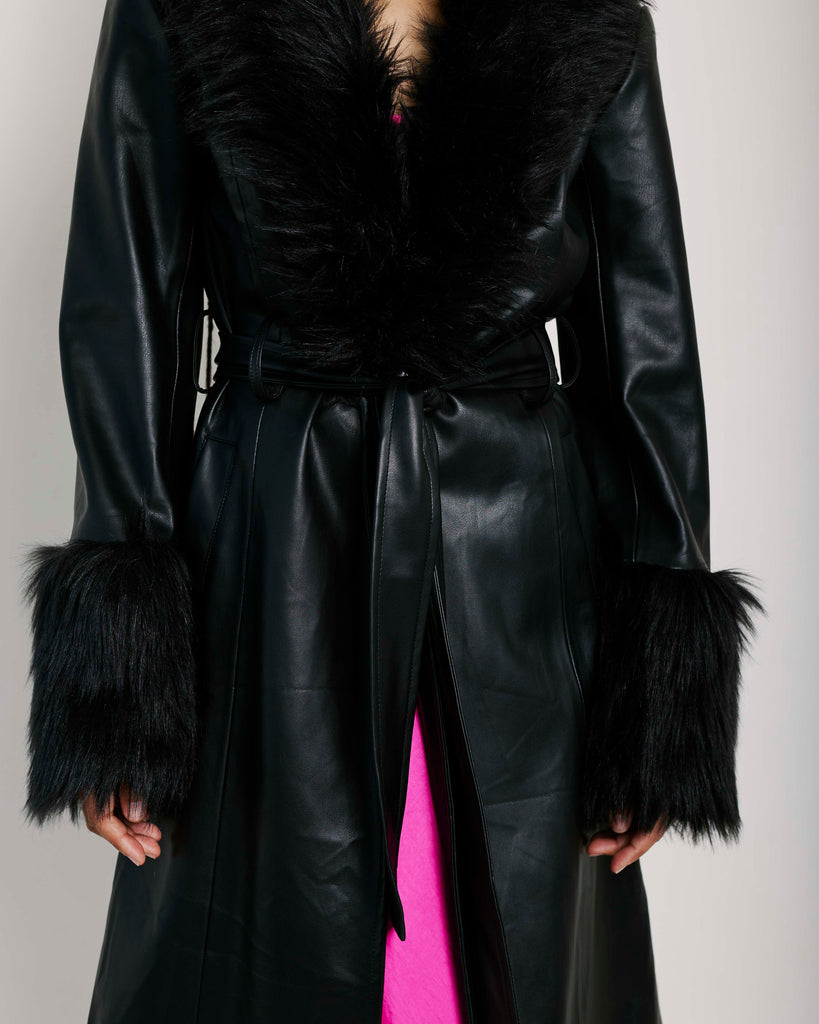 Me + B. Coat. Jacket. Women. Black leather coat. Fur coat. Black fur coat. Black leather fur coat. Black winter jacket. Local Cape Town